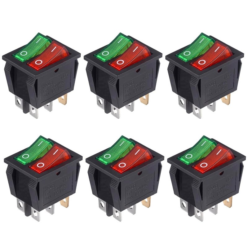 VEXUNGA 6pcs Mini Light Switch 6 Pin On Off Red Green Lighted Double Boat Rocker Switch 20A 125V AC 15A 250V 2 Position Illuminated SPST Dual Switches for Car Marine - Image 1